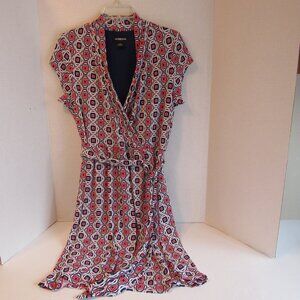 Liz Claiborne Career Pullover V-Neck Red/White/Blue Geometric Dress Size Large